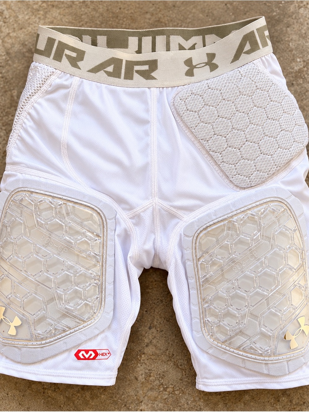 Under Armour White Padded Compression Shorts for Kids with Tan Logo Waistband